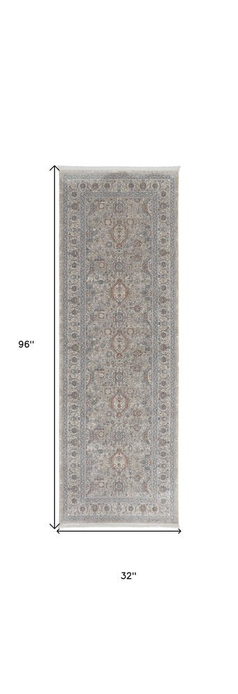 7' X 10' Silver Taupe and Blue Oriental Power Loom Worn Faded Area Rug With Fringe